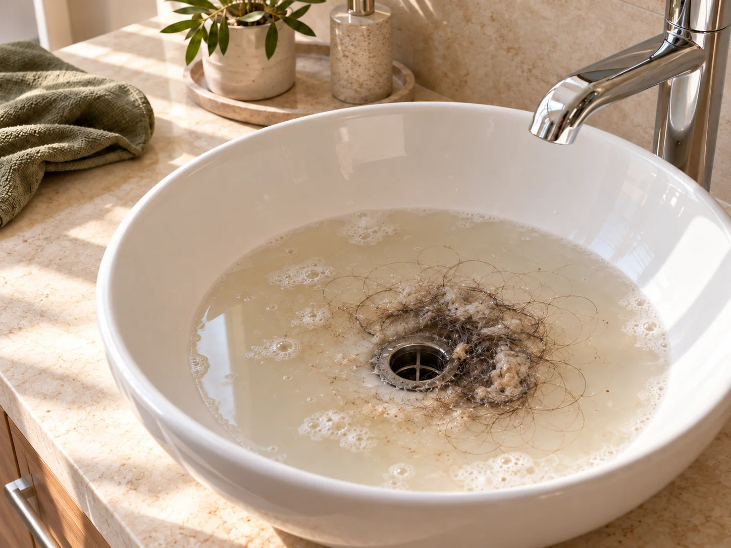 The same illustrative bathroom basin before care with visible buildup