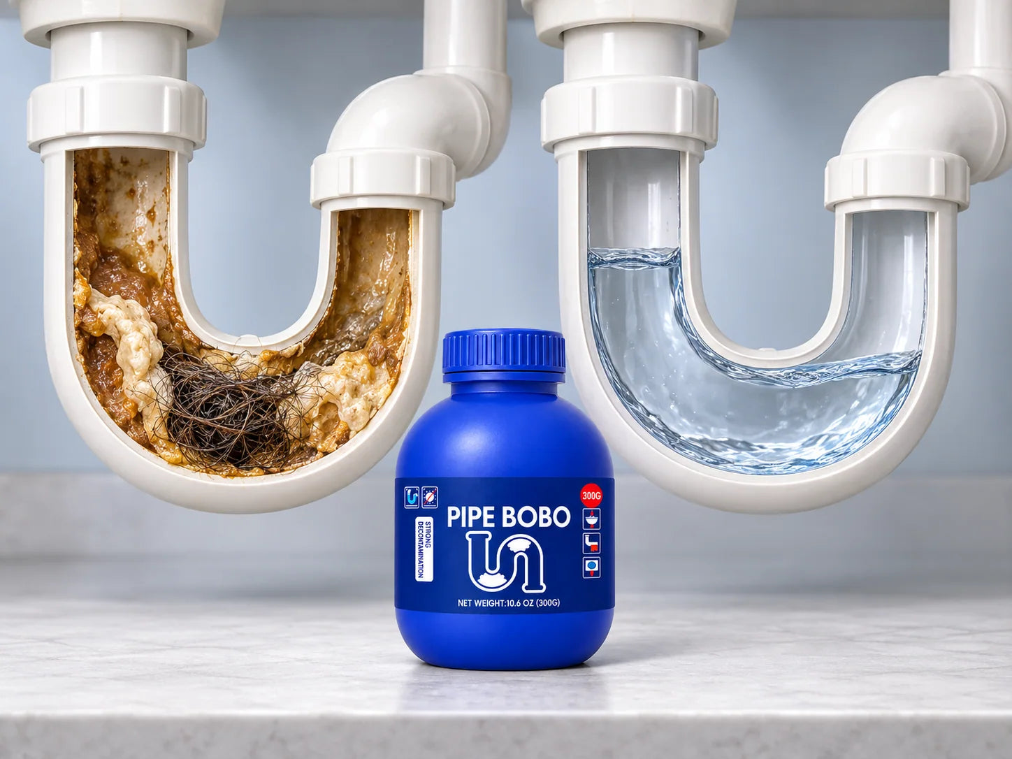 Illustrative cutaway showing grease, hair and soap buildup inside a drain, a clear passage, and the matching blue PIPE BOBO bottle