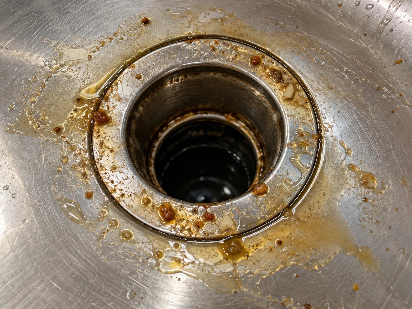 Illustrative oily grease film and food residue around a kitchen sink drain
