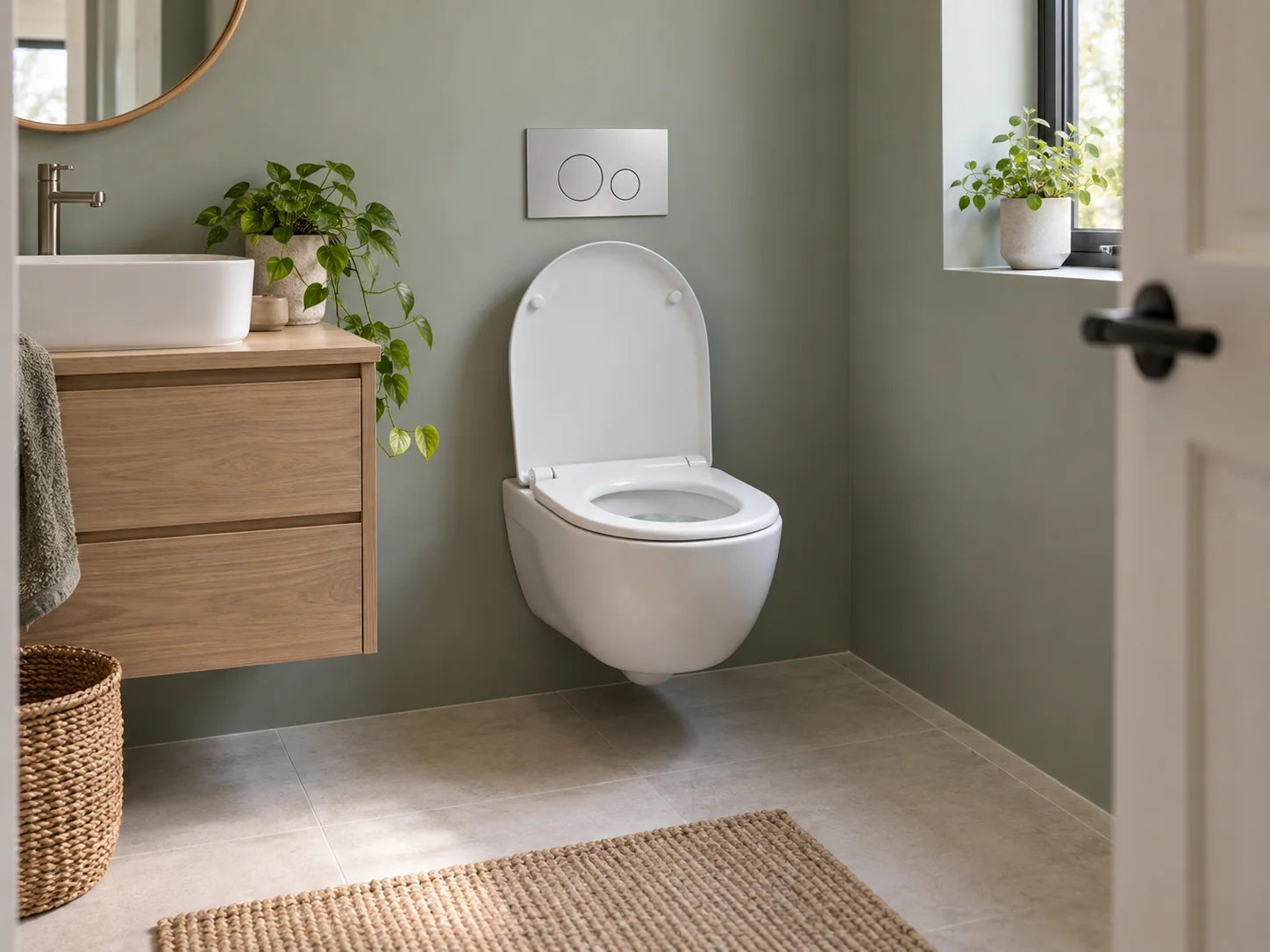 Wall-hung toilet in a bright contemporary home bathroom
