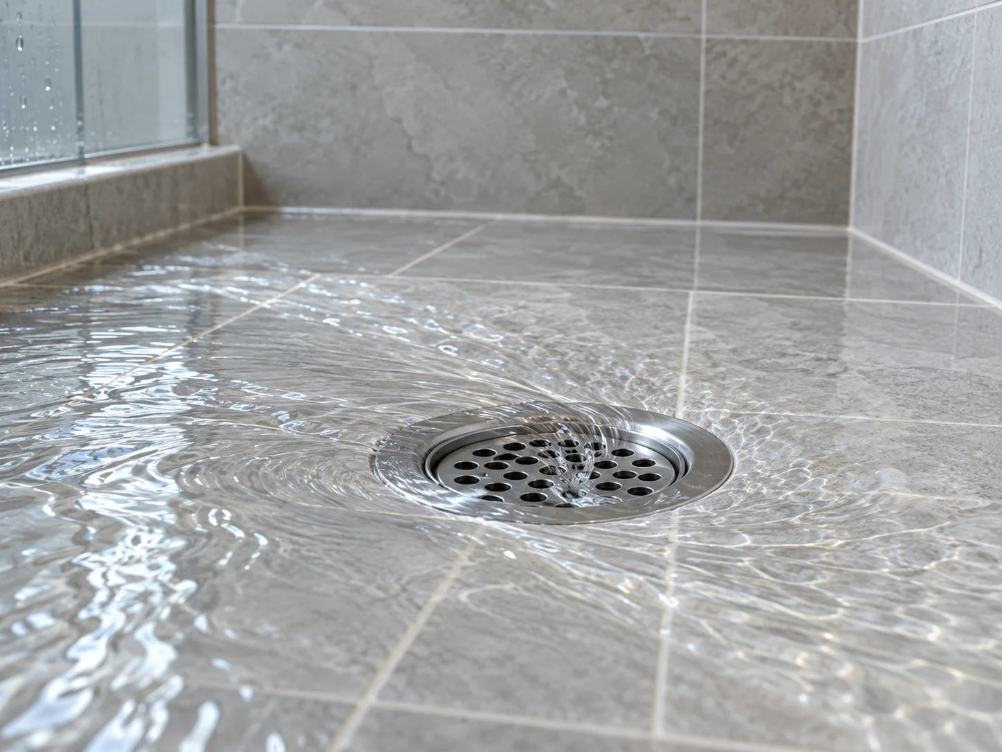 Illustrative floor-level view of clear rinse water flowing toward a circular shower drain