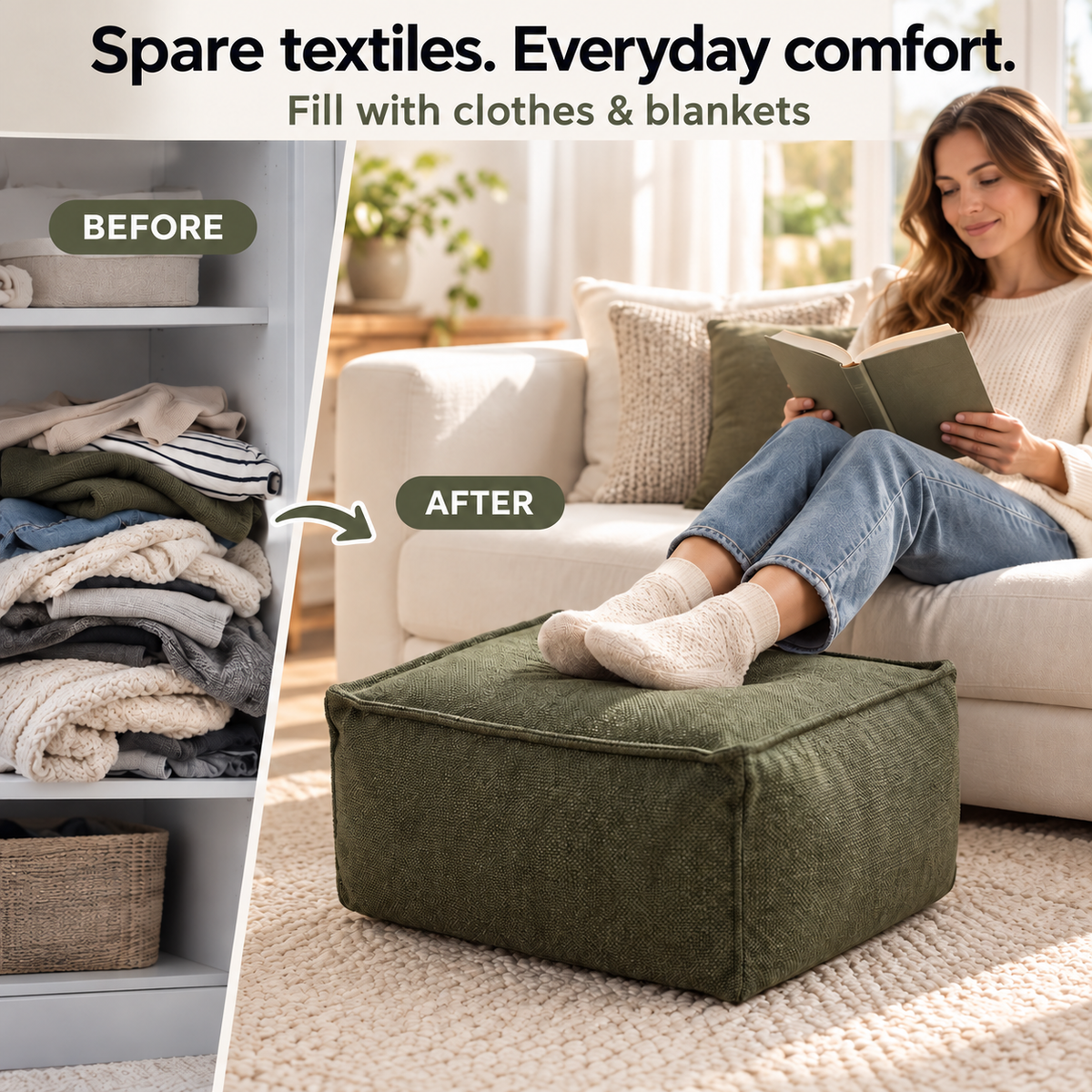 Square Storage Ottoman Pouf Cover - Fill With Clothes & Blankets