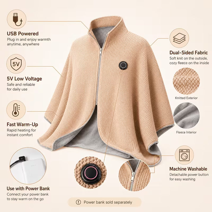 USB power and soft fleece features of the wearable heated shawl
