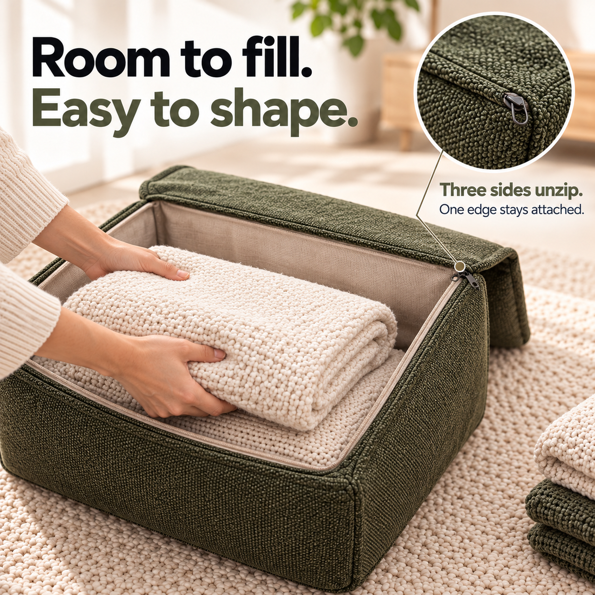 Square Storage Ottoman Pouf Cover - Fill With Clothes & Blankets