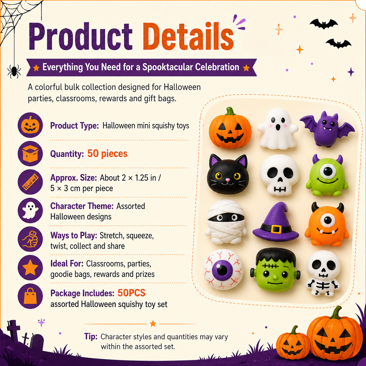 🔥 Last Day 50% OFF — 50PCS Halloween Moochi Squishy Toys for Party Favors & Spooky Fun 🎃