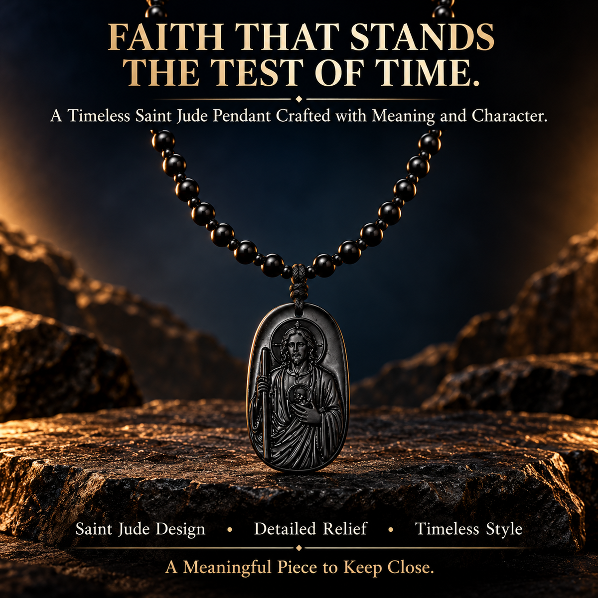 Saint Jude Thaddeus Obsidian Pendant Necklace – Vintage Beaded Faith Jewelry