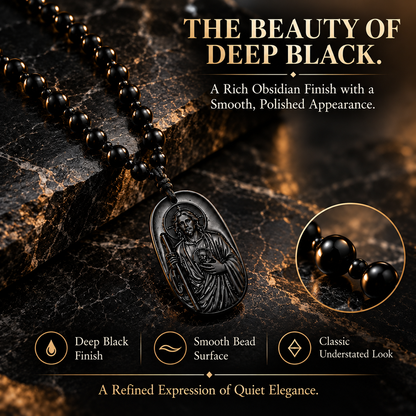 Saint Jude Thaddeus Obsidian Pendant Necklace – Vintage Beaded Faith Jewelry