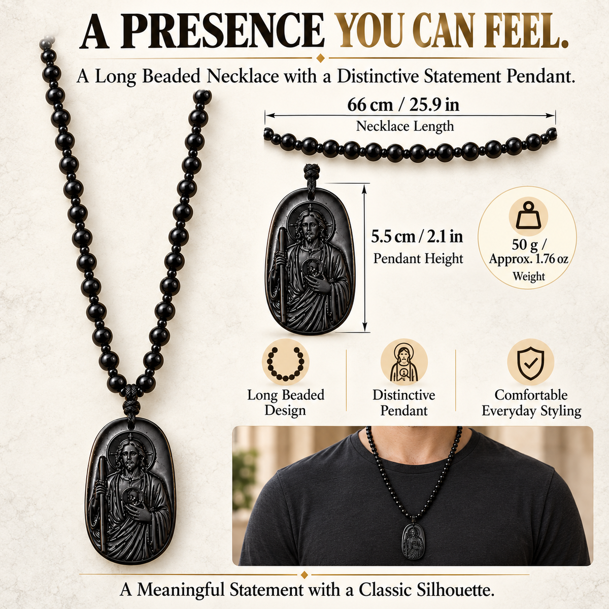 Saint Jude Thaddeus Obsidian Pendant Necklace – Vintage Beaded Faith Jewelry
