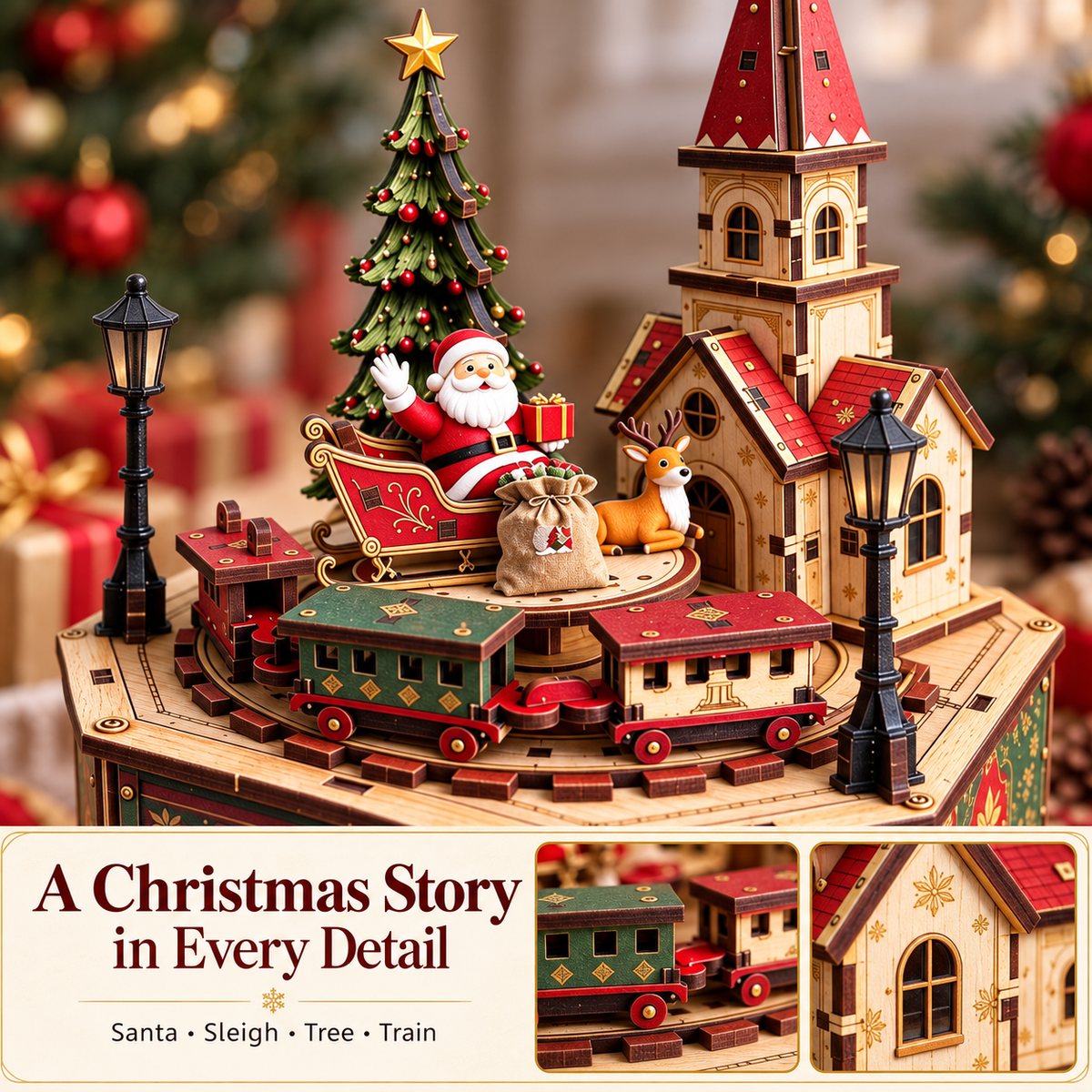 🎄 DIY Christmas Village Wooden Music Box – 3D Puzzle Kit