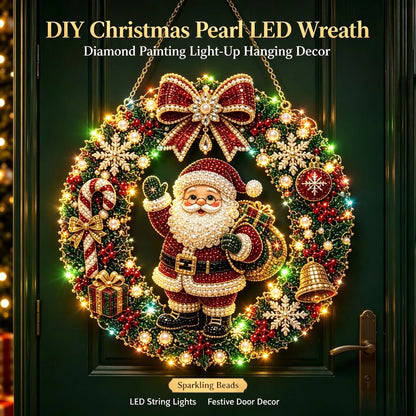 DIY Christmas LED Diamond Painting Wreath | Light-Catching Pearl Beaded Hanging Ornament Kit | Premium Holiday Door Wall Art Decor for Christmas Home & Handcraft Gift
