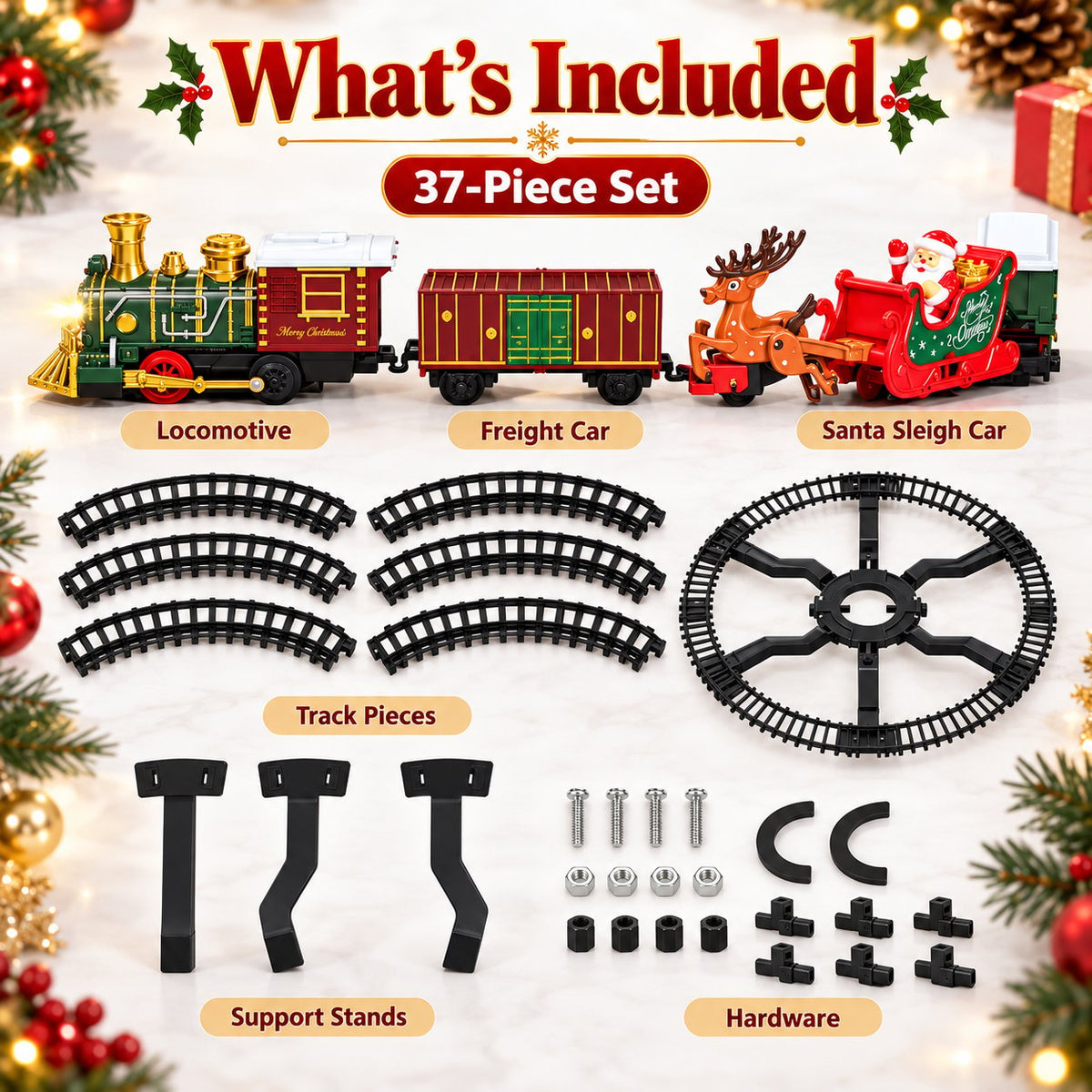 Overview of the 37-piece set with locomotive, freight car, Santa sleigh car, rail pieces, supports and fasteners