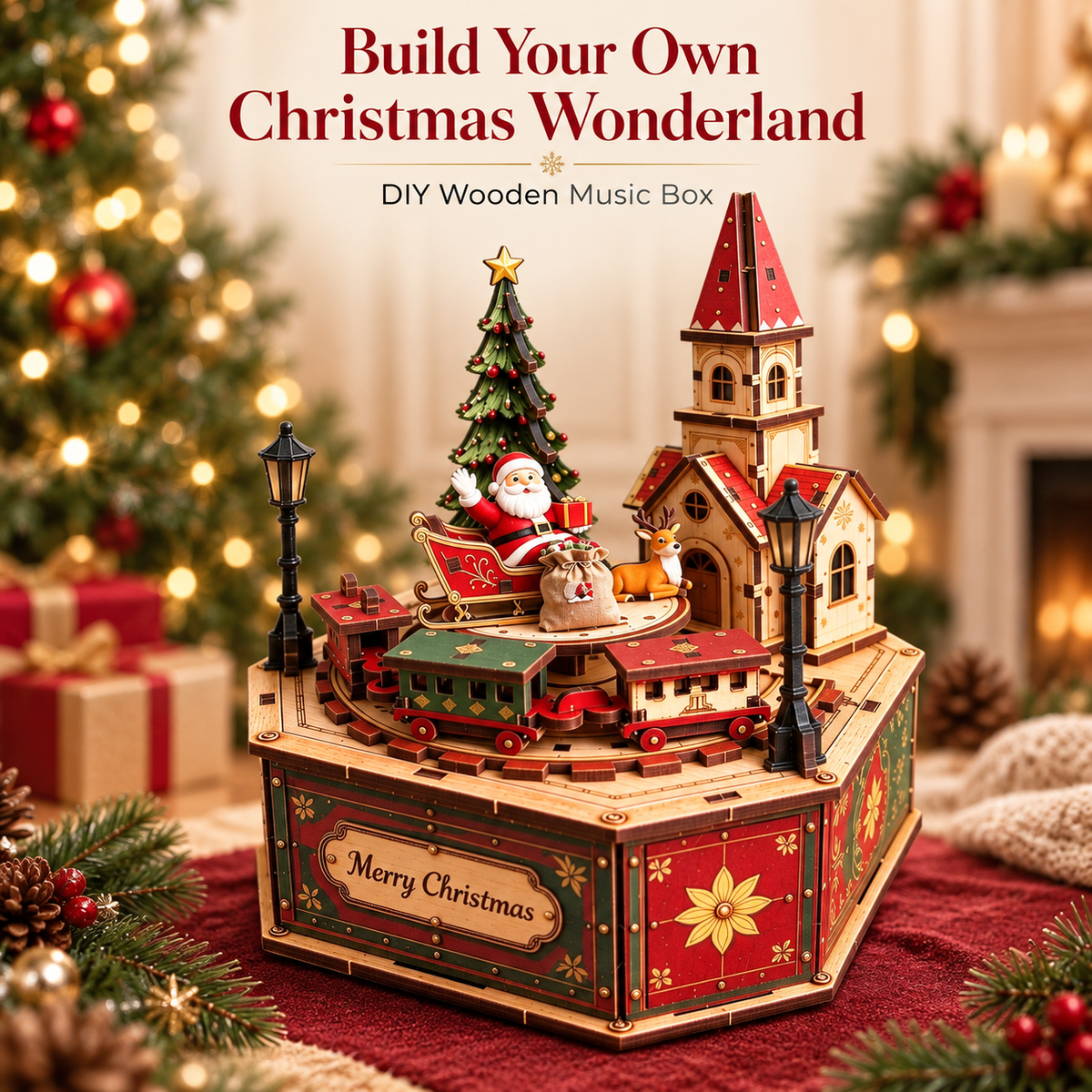 🎄 DIY Christmas Village Wooden Music Box – 3D Puzzle Kit