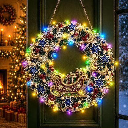 DIY Christmas LED Diamond Painting Wreath | Light-Catching Pearl Beaded Hanging Ornament Kit | Premium Holiday Door Wall Art Decor for Christmas Home & Handcraft Gift