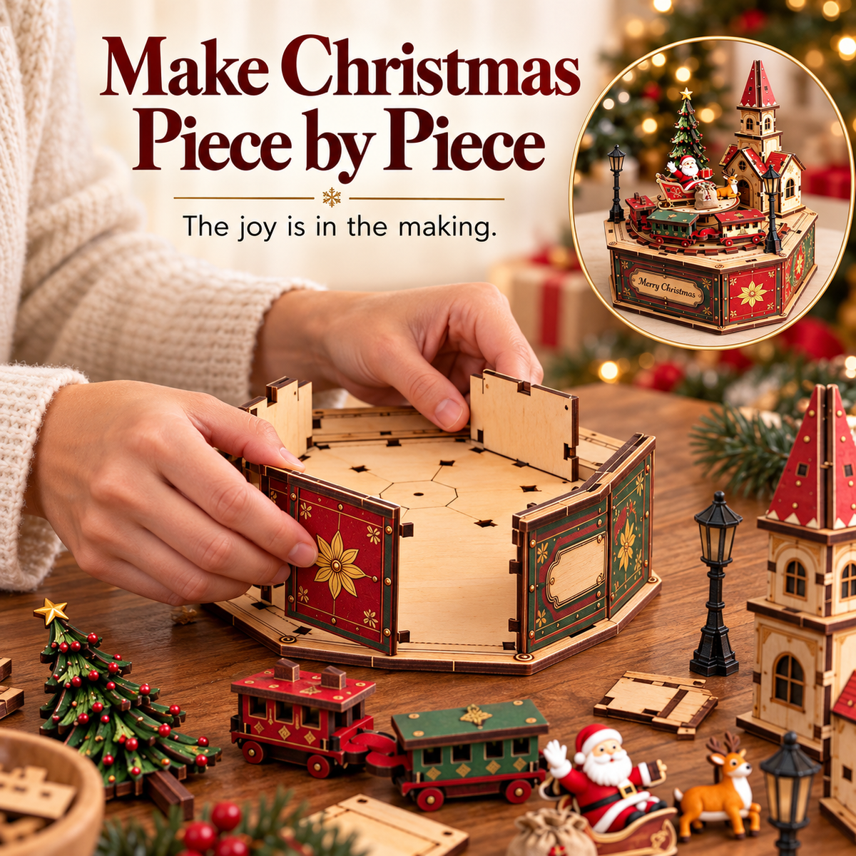 🎄 DIY Christmas Village Wooden Music Box – 3D Puzzle Kit