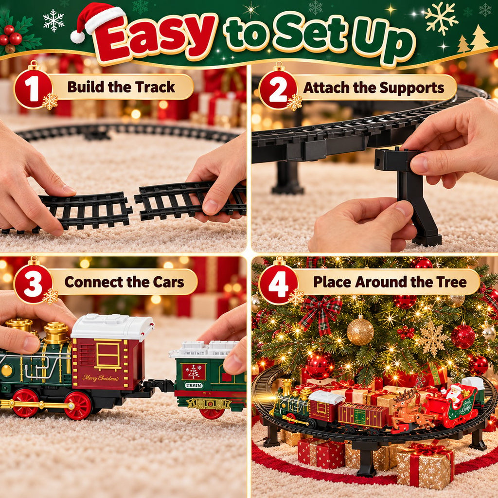 Assembly overview: build the track, attach the supports, connect the cars and position around the tree