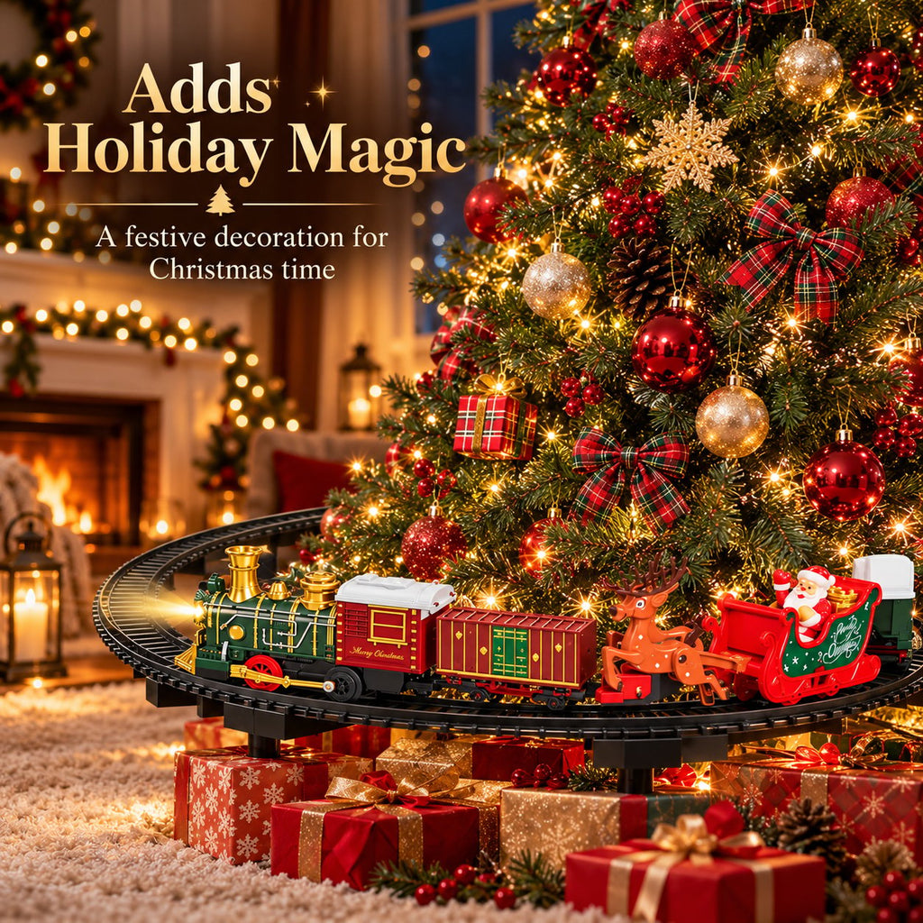 Christmas train with decorated tree and wrapped gifts in a festive living room