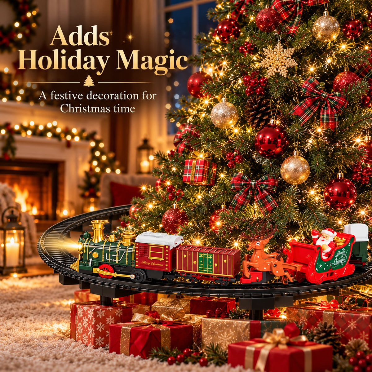 Christmas train with decorated tree and wrapped gifts in a festive living room