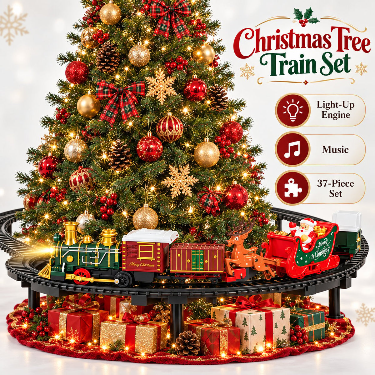 Christmas tree train set with glowing locomotive, freight car and Santa sleigh on a circular track