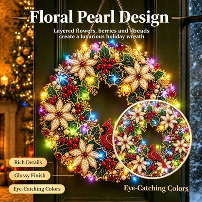DIY Christmas LED Diamond Painting Wreath | Light-Catching Pearl Beaded Hanging Ornament Kit | Premium Holiday Door Wall Art Decor for Christmas Home & Handcraft Gift