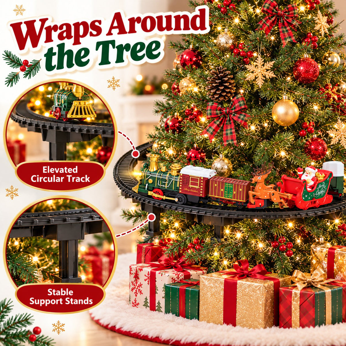 Elevated circular track with black supports around a Christmas tree