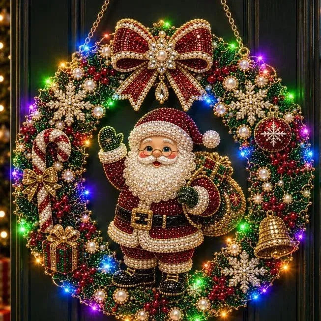 DIY Christmas LED Diamond Painting Wreath | Light-Catching Pearl Beaded Hanging Ornament Kit | Premium Holiday Door Wall Art Decor for Christmas Home & Handcraft Gift