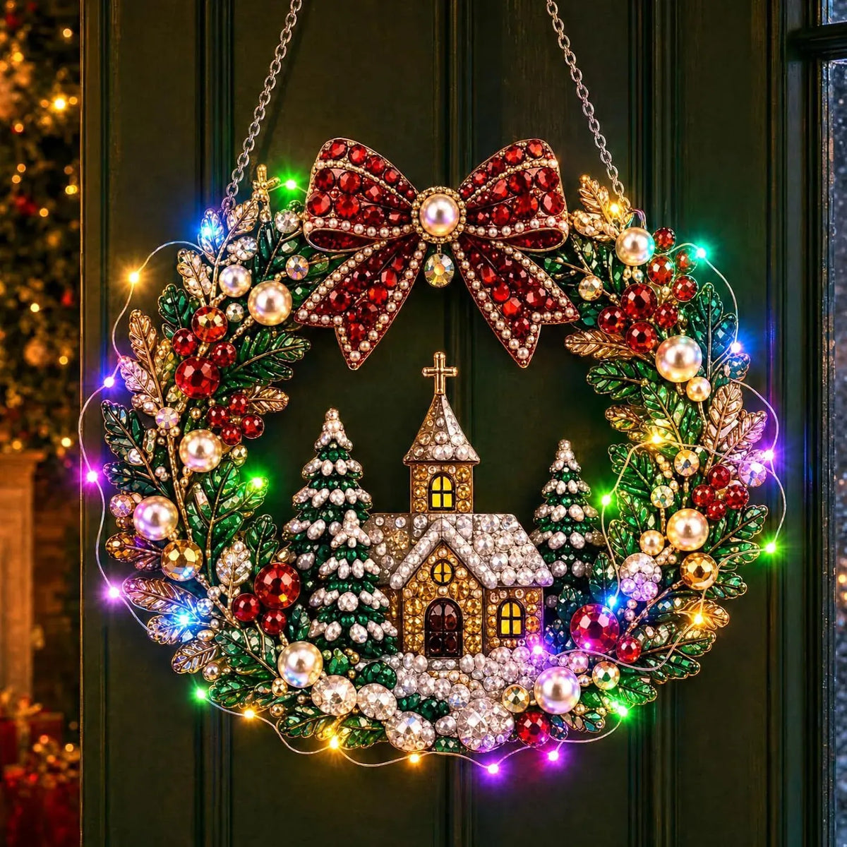 DIY Christmas LED Diamond Painting Wreath | Light-Catching Pearl Beaded Hanging Ornament Kit | Premium Holiday Door Wall Art Decor for Christmas Home & Handcraft Gift