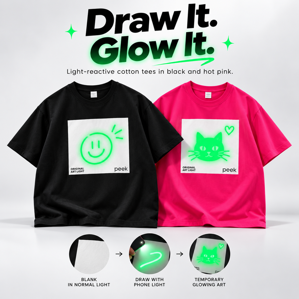✨ Glow Art Light-Reactive T-Shirt – Create Your Own Glowing Designs