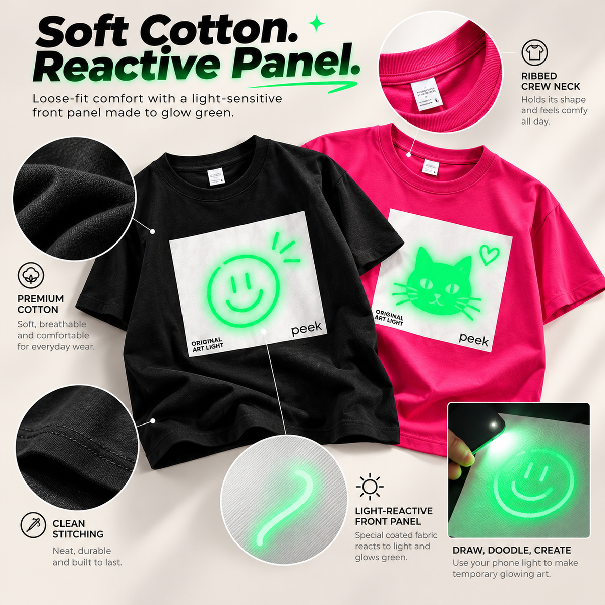 ✨ Glow Art Light-Reactive T-Shirt – Create Your Own Glowing Designs