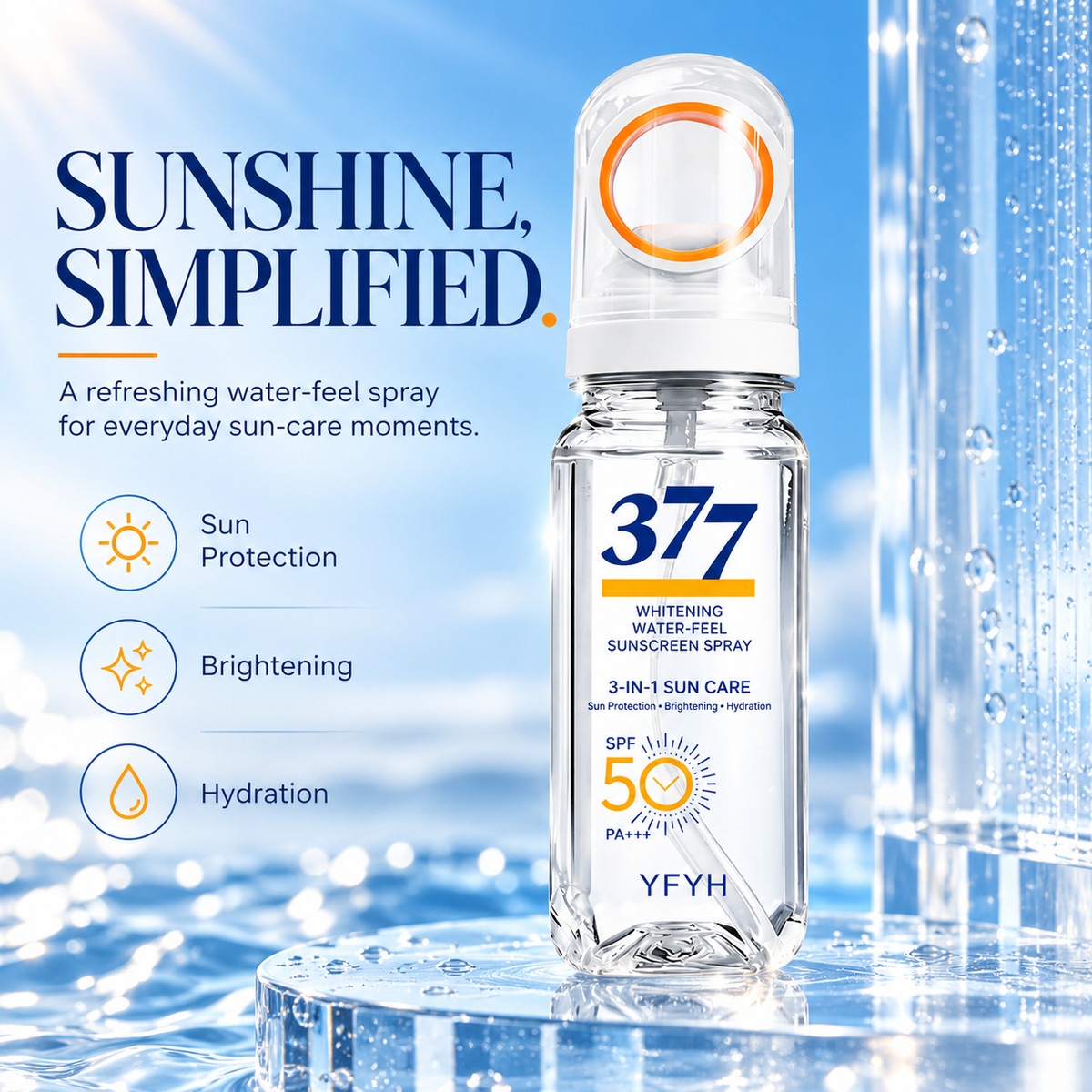 YFYH 377 Water-Feel Sunscreen Spray – SPF 50 PA+++ | Hydrating & Brightening Sun Care