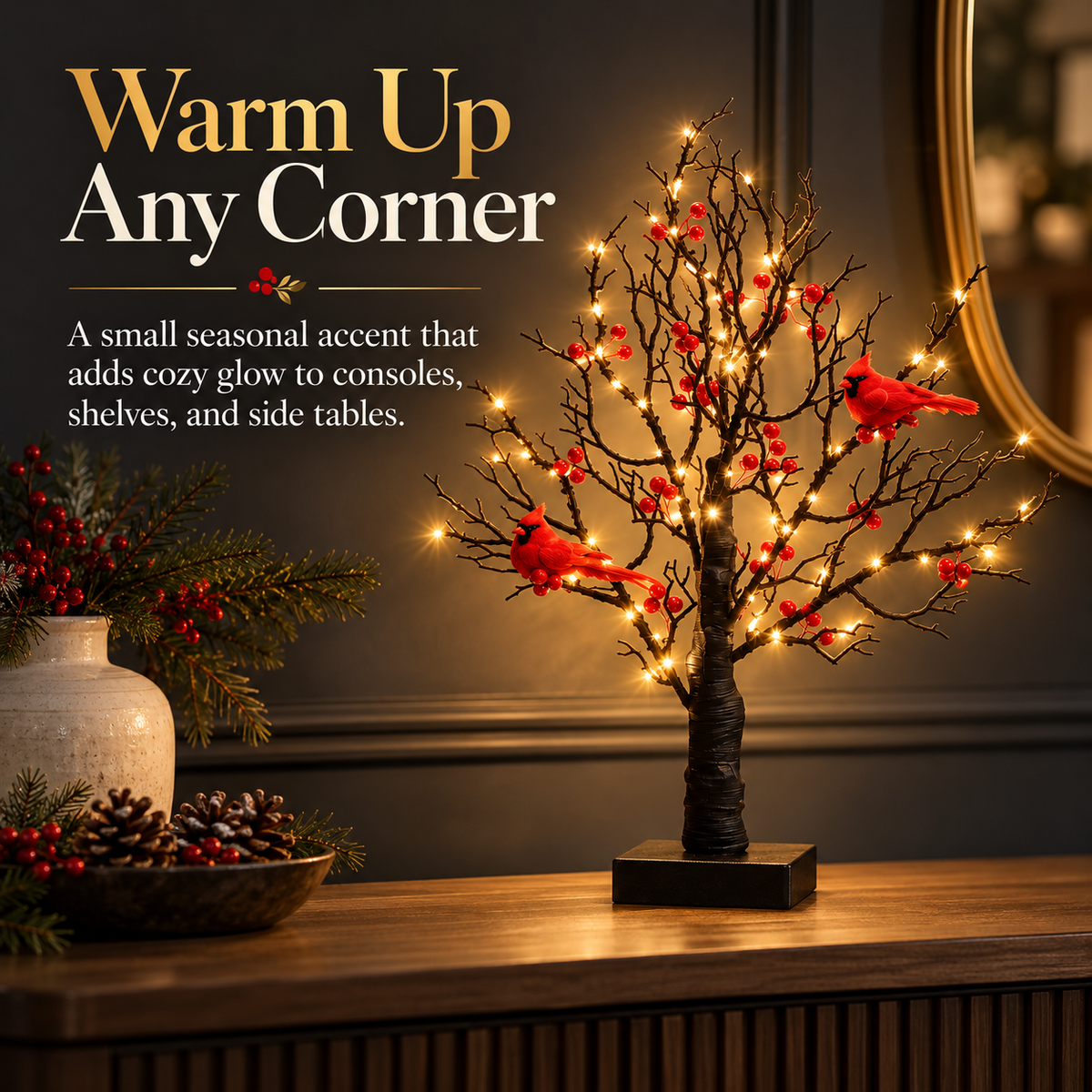 21-Inch Cardinal Tree Light with 60 Warm Lights & Red Berry Accents