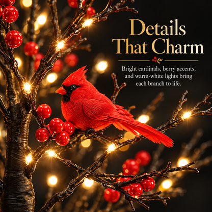 21-Inch Cardinal Tree Light with 60 Warm Lights & Red Berry Accents