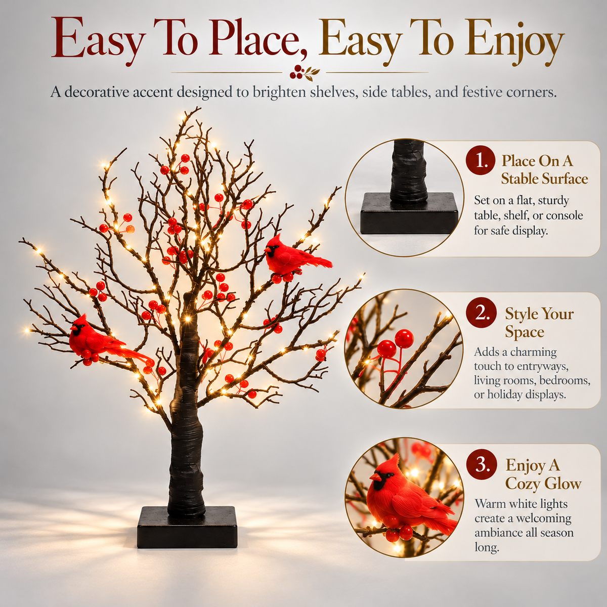 21-Inch Cardinal Tree Light with 60 Warm Lights & Red Berry Accents