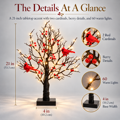 21-Inch Cardinal Tree Light with 60 Warm Lights & Red Berry Accents