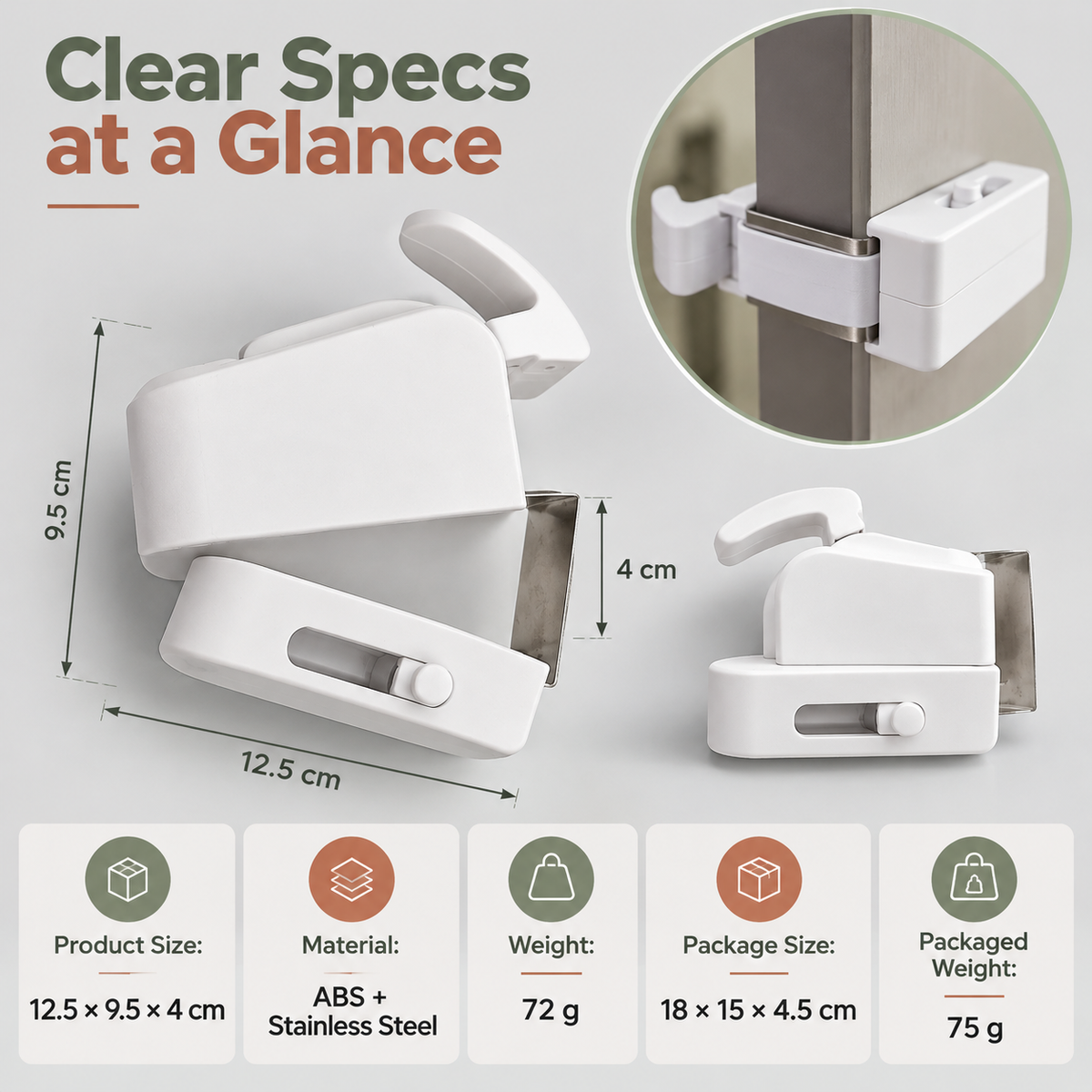 Child Safety Door Lock – Tool-Free Hanging Door Latch with ABS Housing & Stainless Steel Bracket