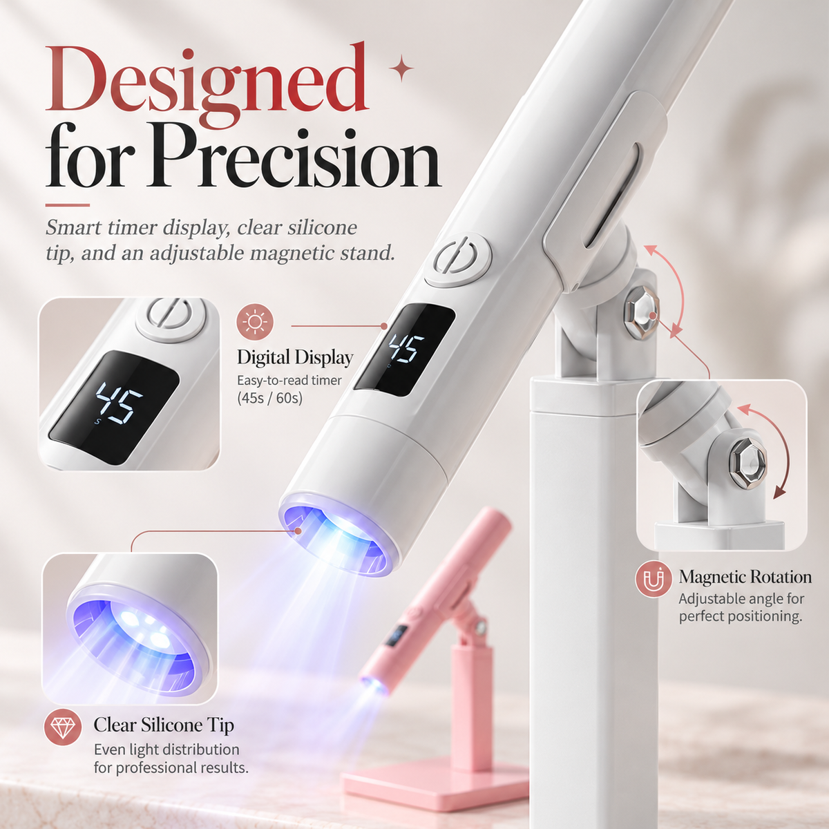 Portable LED Nail Lamp with Digital Timer, Detachable Magnetic Stand & Adjustable Holder