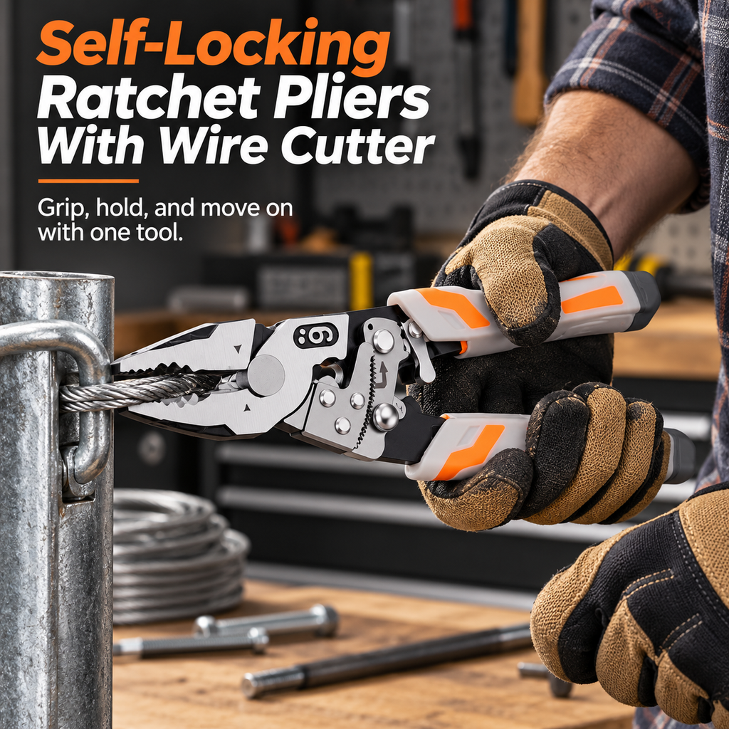 Self-locking ratchet pliers holding a cable at a workbench.