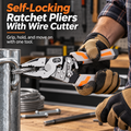 Self-locking ratchet pliers holding a cable at a workbench.