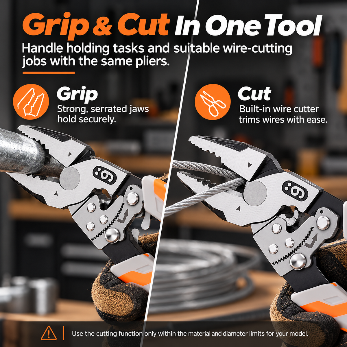 The gripping jaws and built-in wire cutter shown in use.