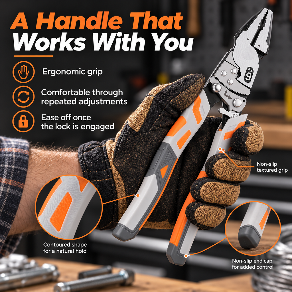 The contoured orange and gray handles shown in a gloved hand.
