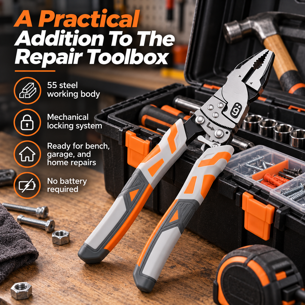 The pliers resting alongside everyday repair tools.