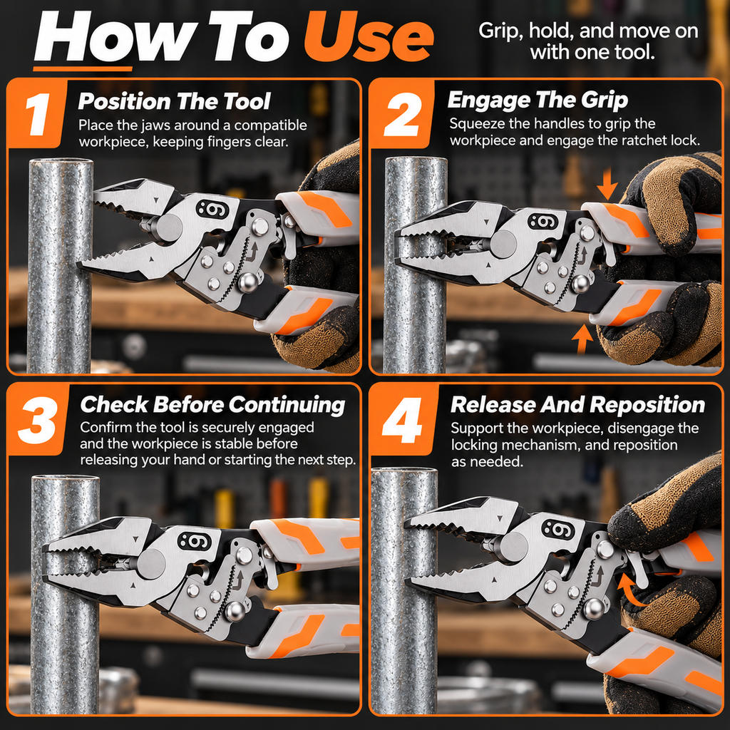 Four illustrated steps for positioning, locking, checking and releasing the pliers.