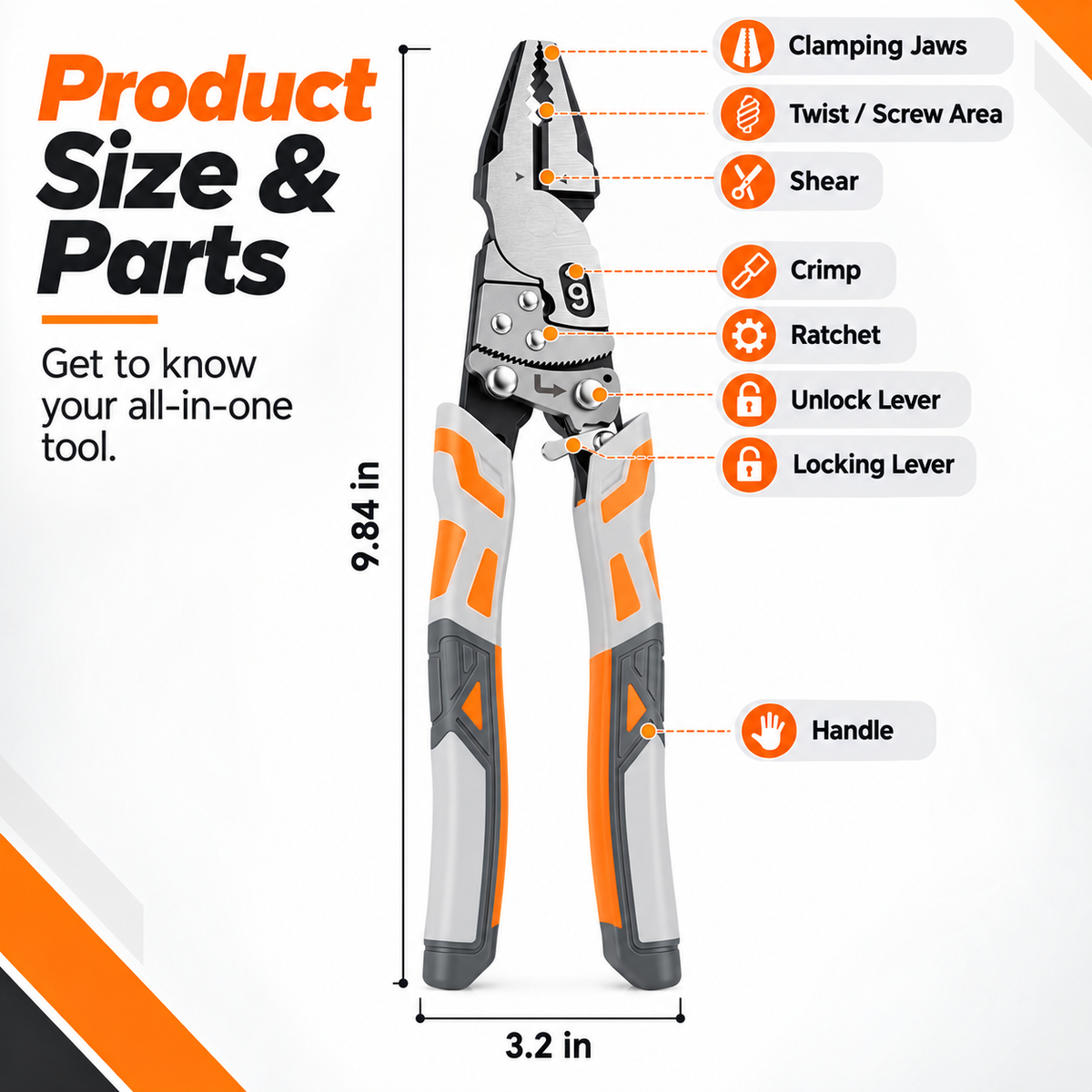 Supplied product diagram showing a 9.84 inch length and 3.2 inch width.