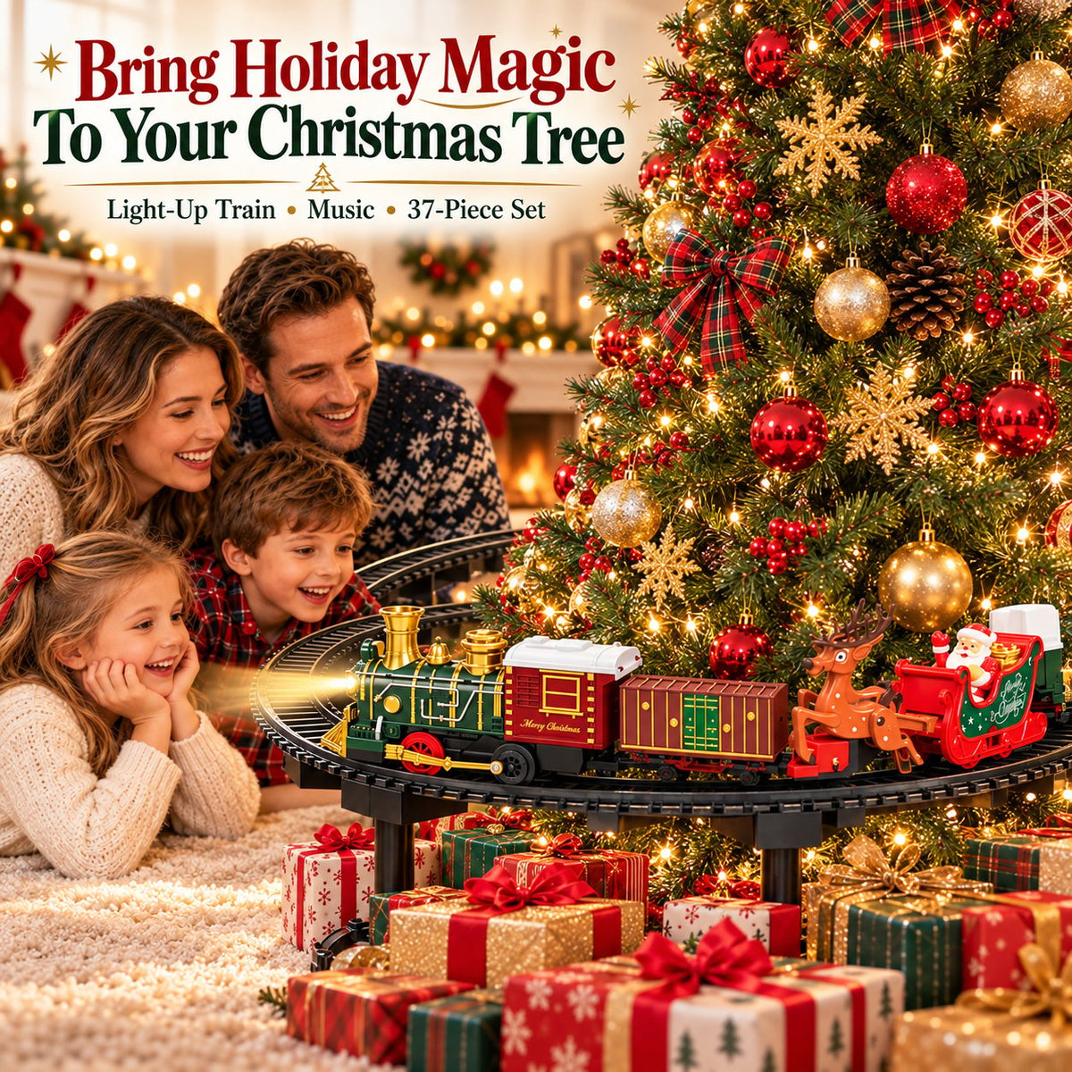 Family watching the festive train around their decorated Christmas tree