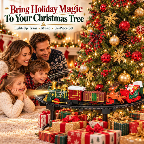 Family watching the festive train around their decorated Christmas tree