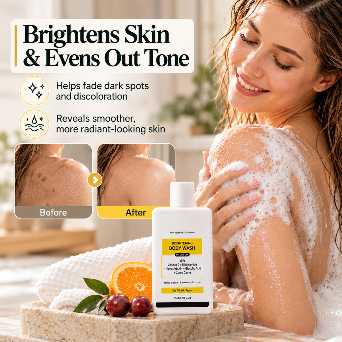 Vitamin C & Niacinamide Brightening Body Wash for Dark Spots & Uneven Skin Tone