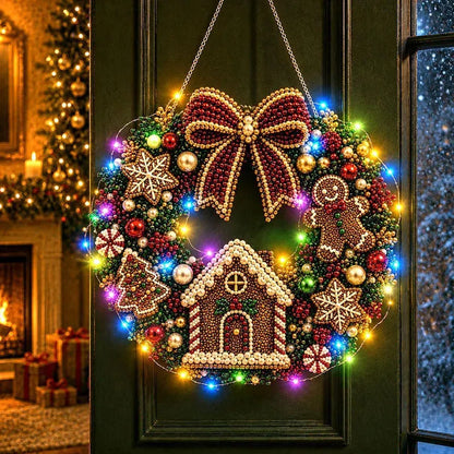 DIY Christmas LED Diamond Painting Wreath | Light-Catching Pearl Beaded Hanging Ornament Kit | Premium Holiday Door Wall Art Decor for Christmas Home & Handcraft Gift