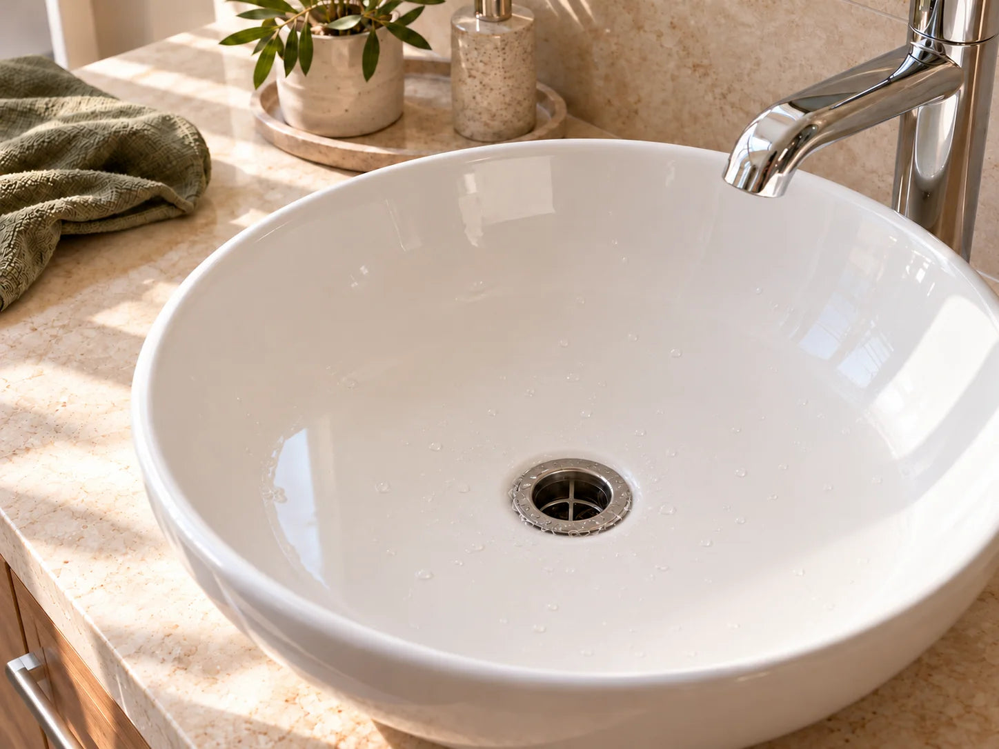 Illustrative bathroom basin after care