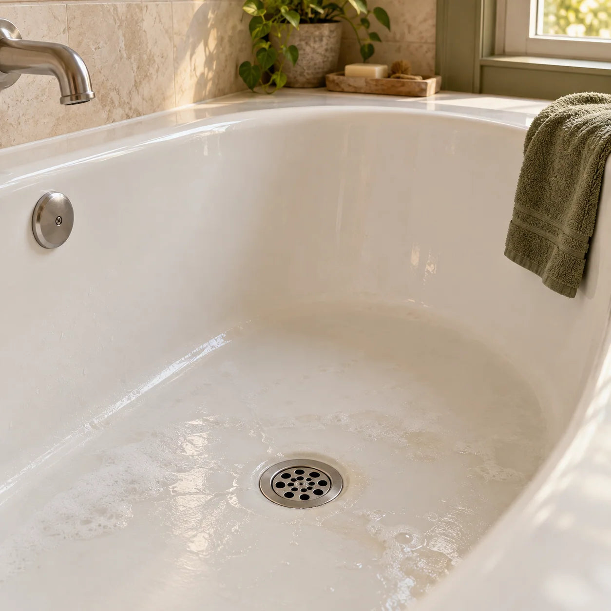 Everyday white household bathtub and drain