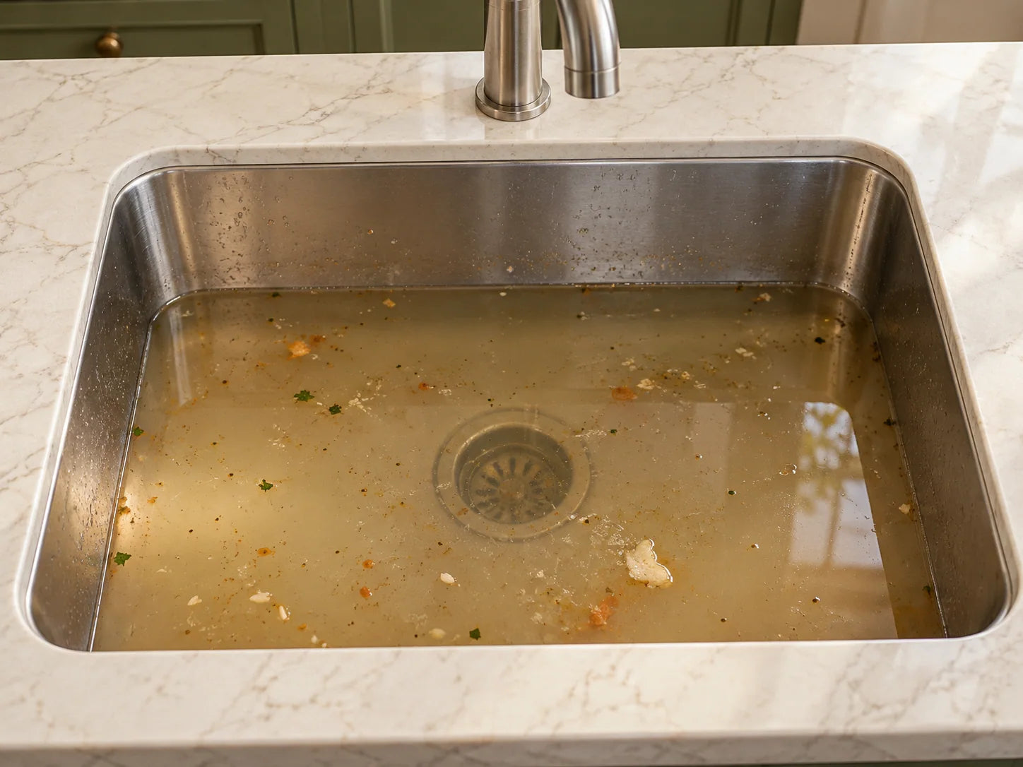 The same illustrative kitchen sink before care with visible buildup