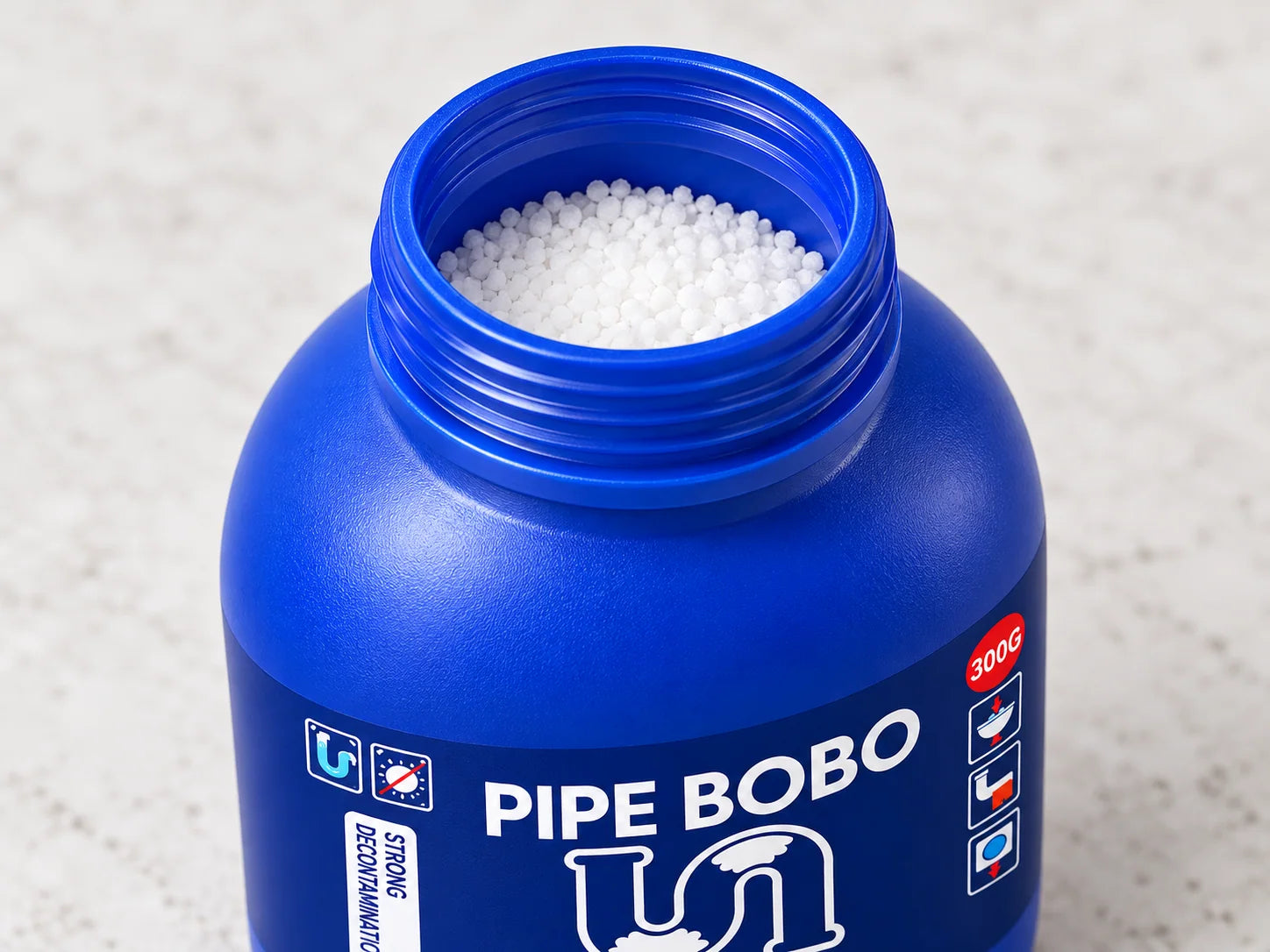 Illustrative macro detail of dry white granules inside the open blue product bottle